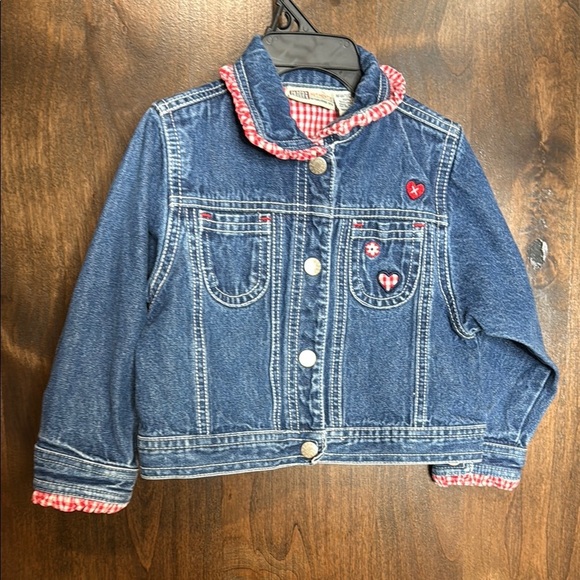 Faded Glory Other - Vintage Faded Glory Blue Jean Jacket with Gingham Trim Size 24 month embroidered